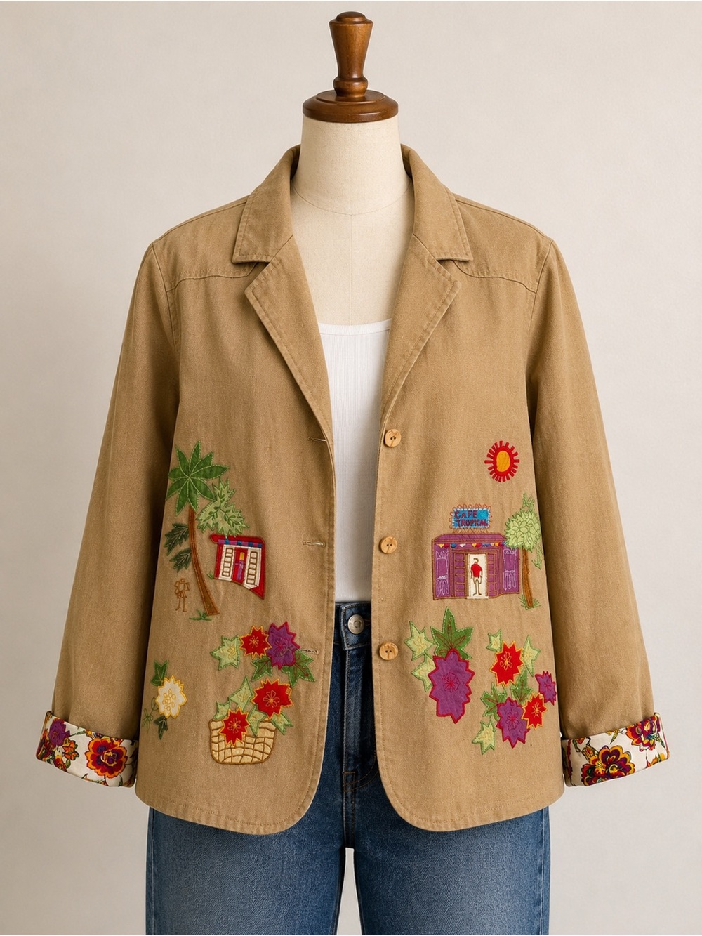 Hearts of Palm Embroidered Floral Tan Tropical Linen Blend Jacket Blazer 16